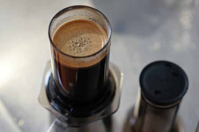 Aeropress coffee being brewed